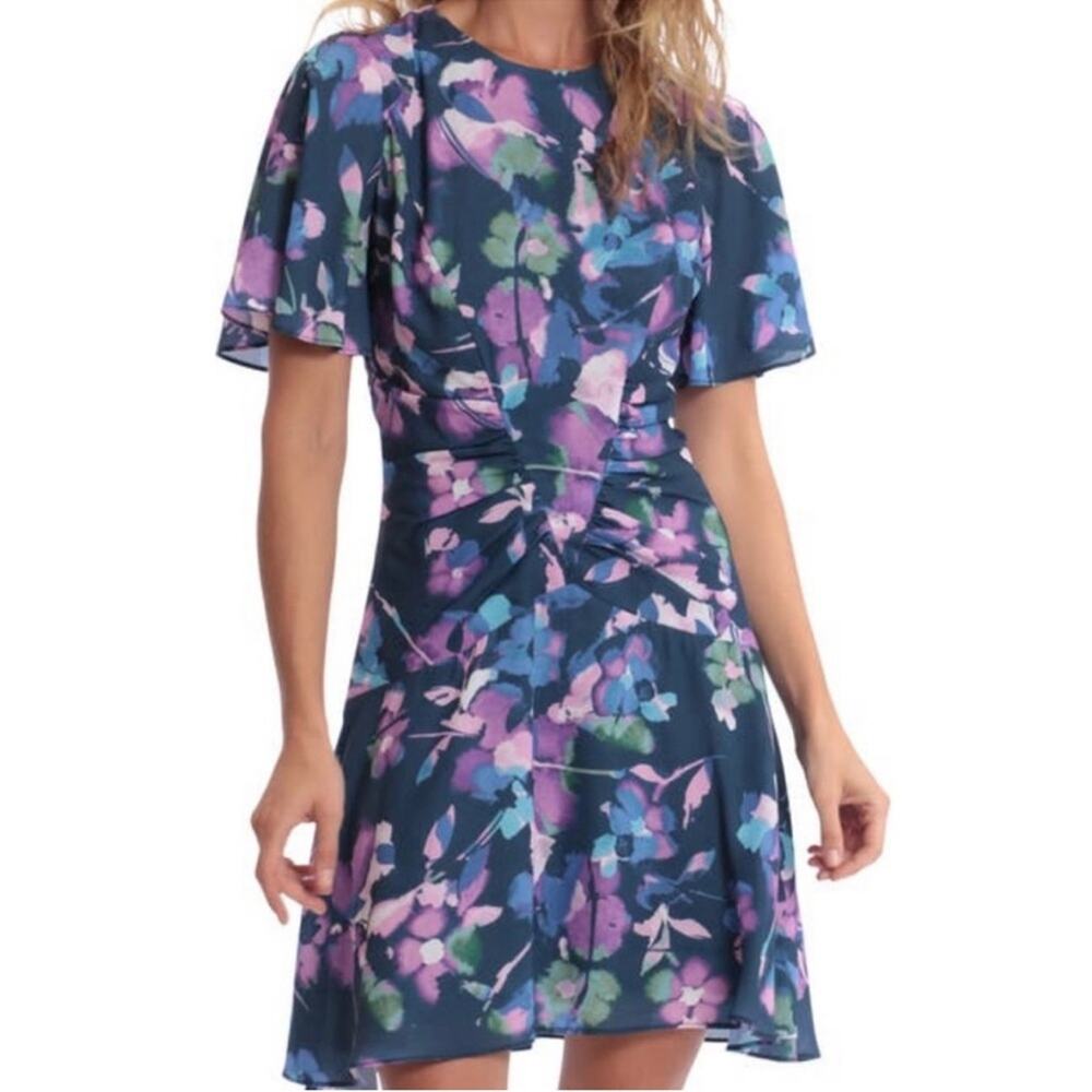 Donna Morgan V-Front Bell Sleeve Navy Blue & Pink Floral Mini Dress‎ Size 4